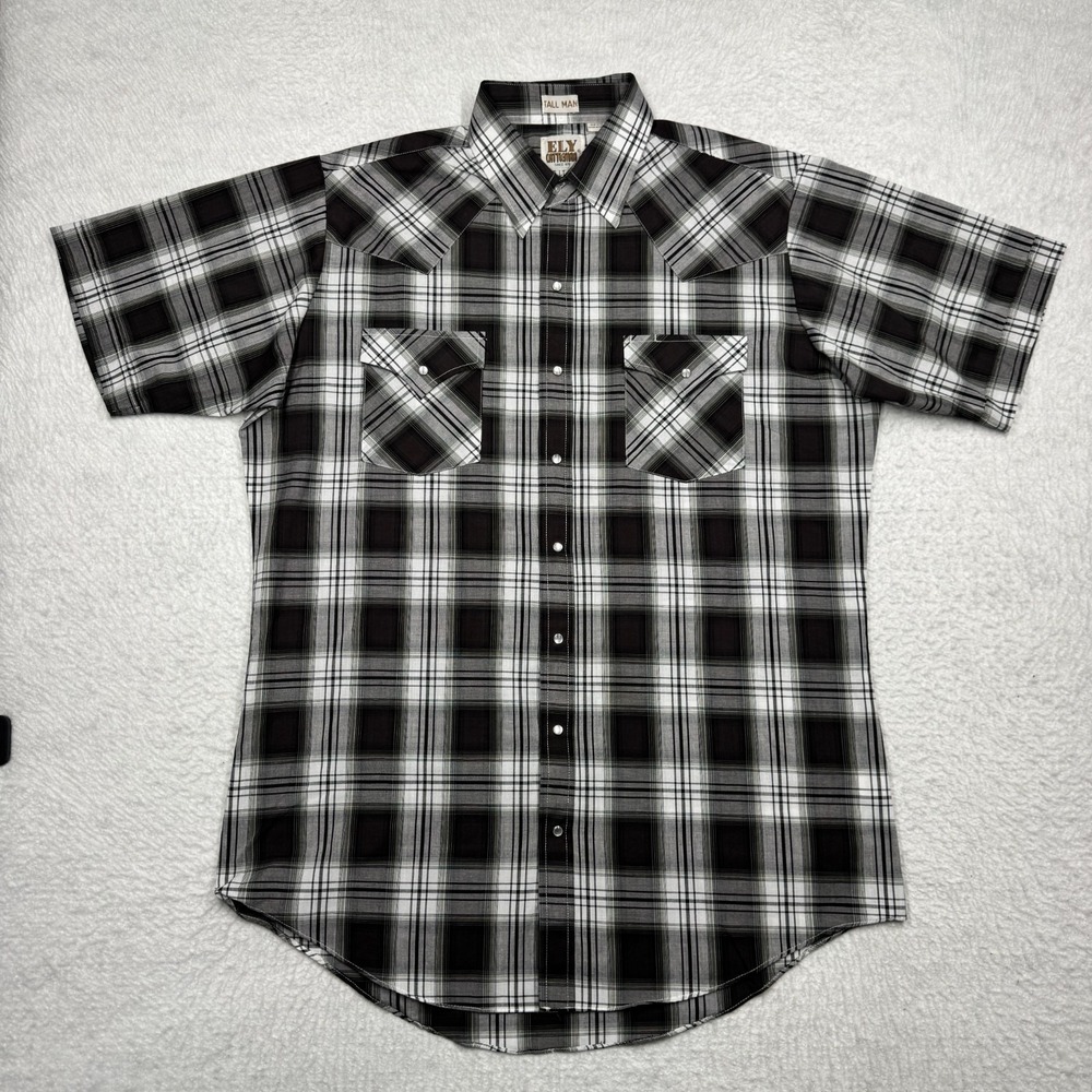 Ely Cattleman Pearl Snap Western Cowboy Plaid Shirt Black Men's Tall Man LT